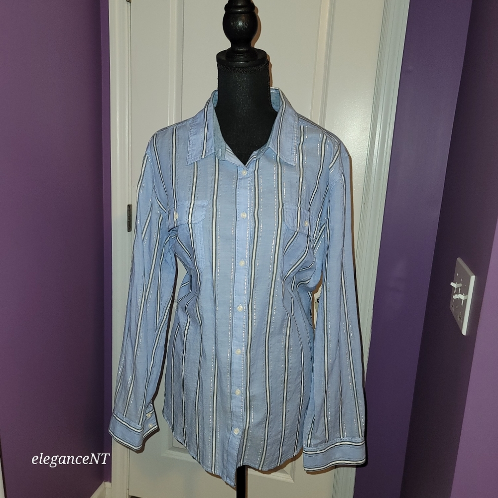 St. John's Bay Blue/Silver/White button down Long Sleeve Shirt NWT